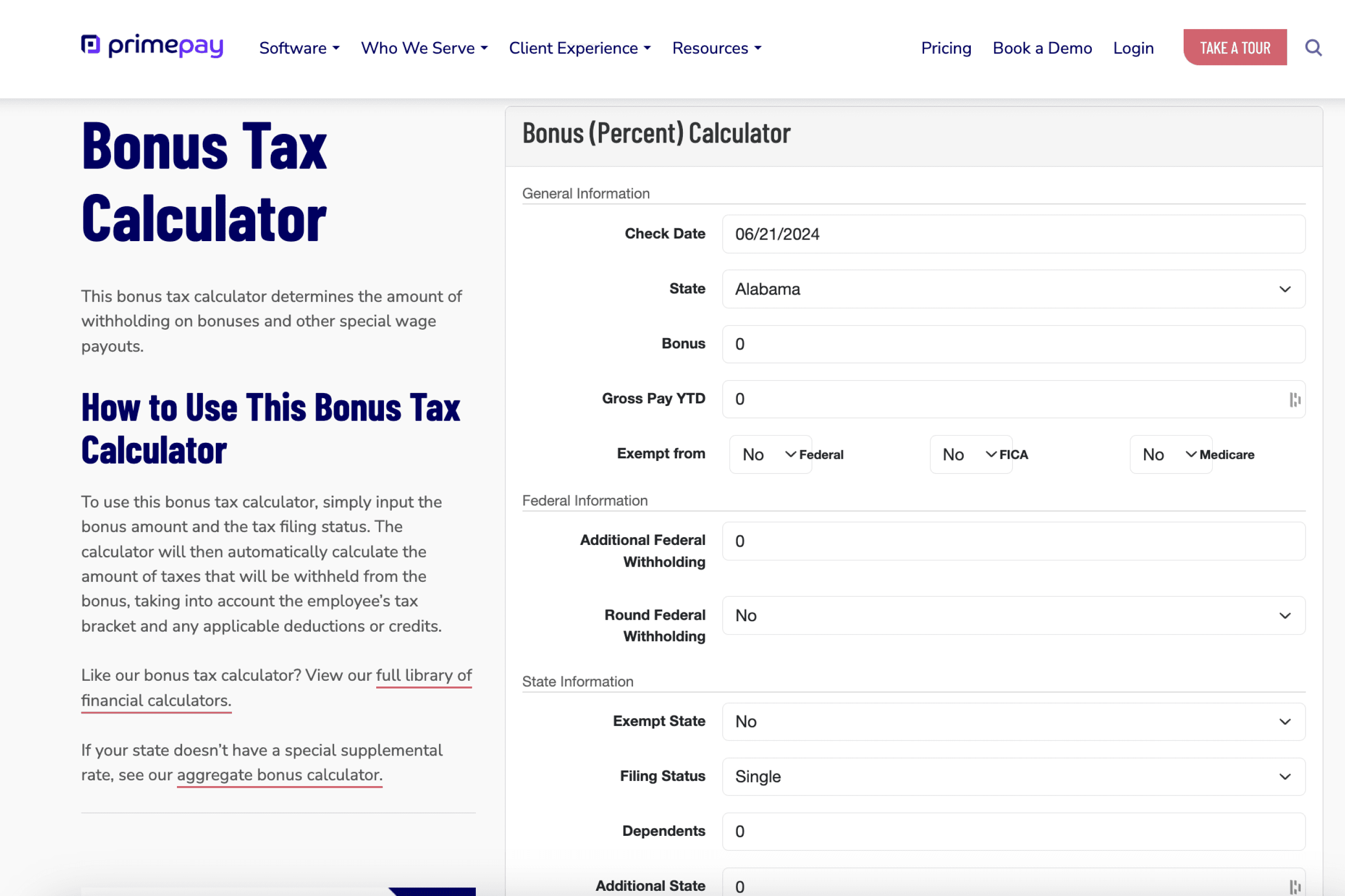 Primepay's Bonus Tax Calculator Page